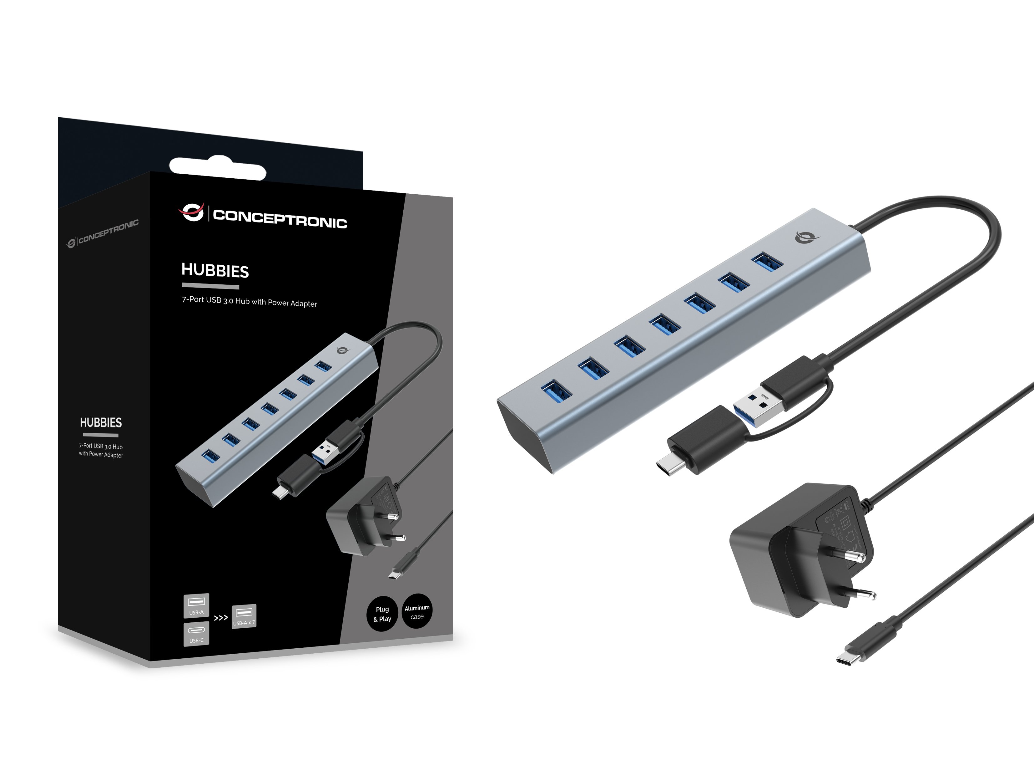 CONCEPTRONIC HUBBIES21GP — Hub USB 3.0 con 7 puertos y alimentador 4