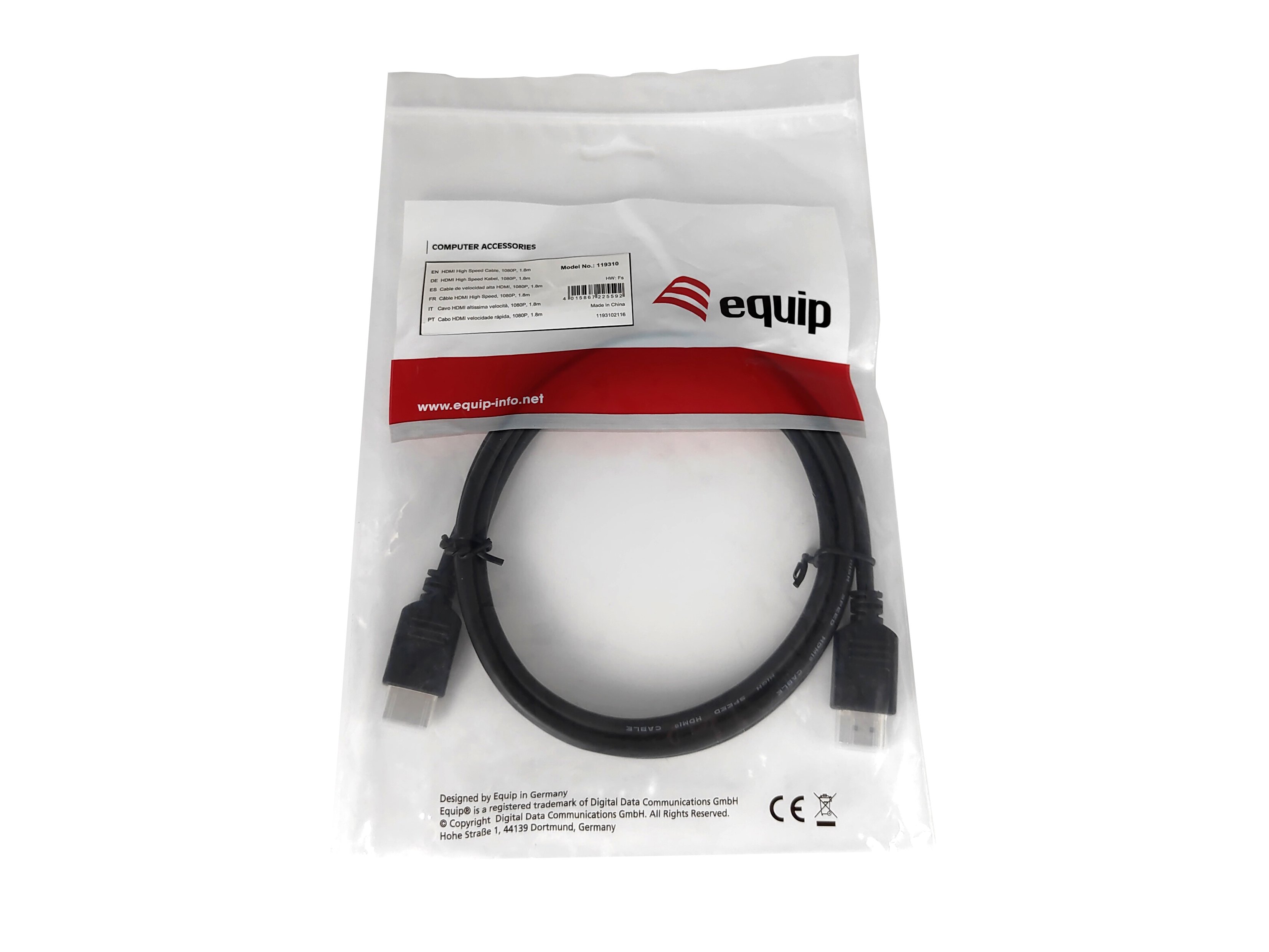EQUIP 119310 — Cable HDMI 1.8m High Speed 1080p 3