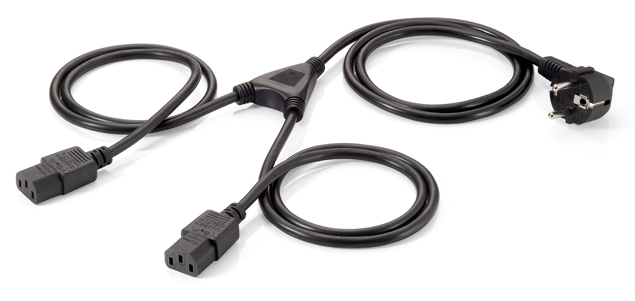 EQUIP 112220 — Cable alimentación Schuko 90º a 2 IEC, 1.8m