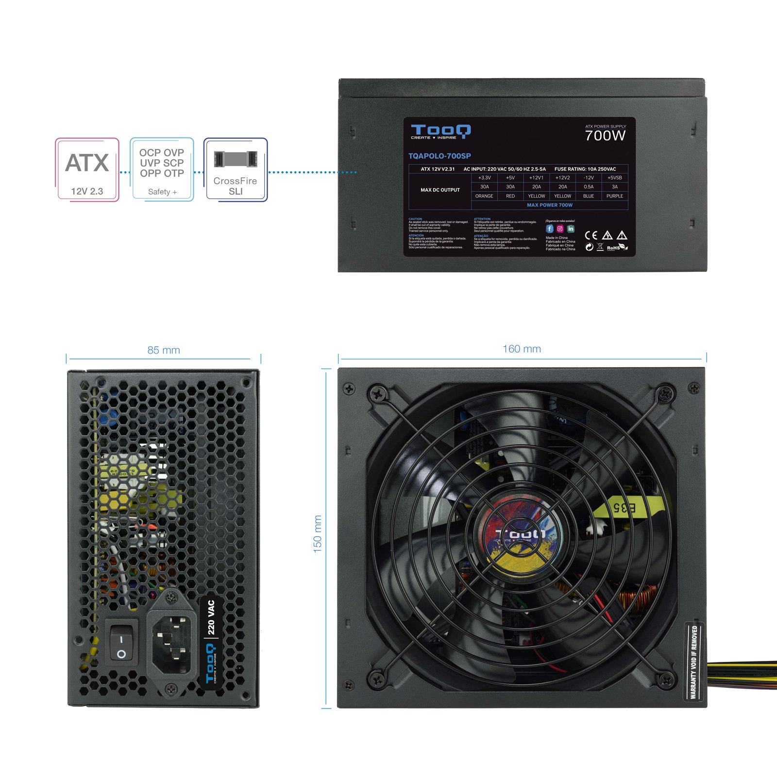 Fuente de Alimentacion TQAPOLO-700SP 700W FAN 12CM 5 SATA/3 MOLEX/2 PCIE (6+2 y 6) Interruptor Negra Destinada a Reparaciones — vista detalle 2