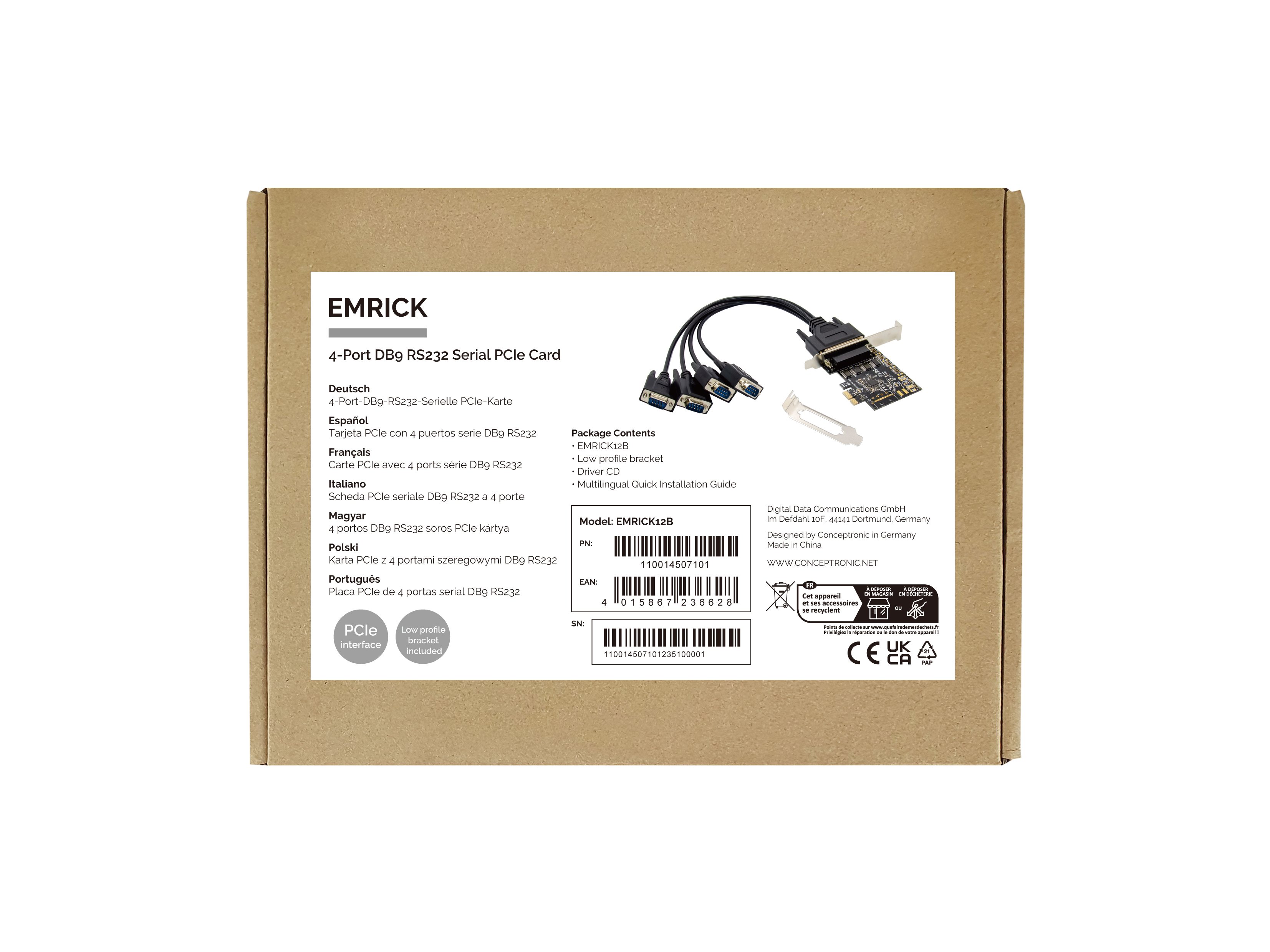 CONCEPTRONIC PCIe 4 Puertos Serie — Controladora Low Profile 3