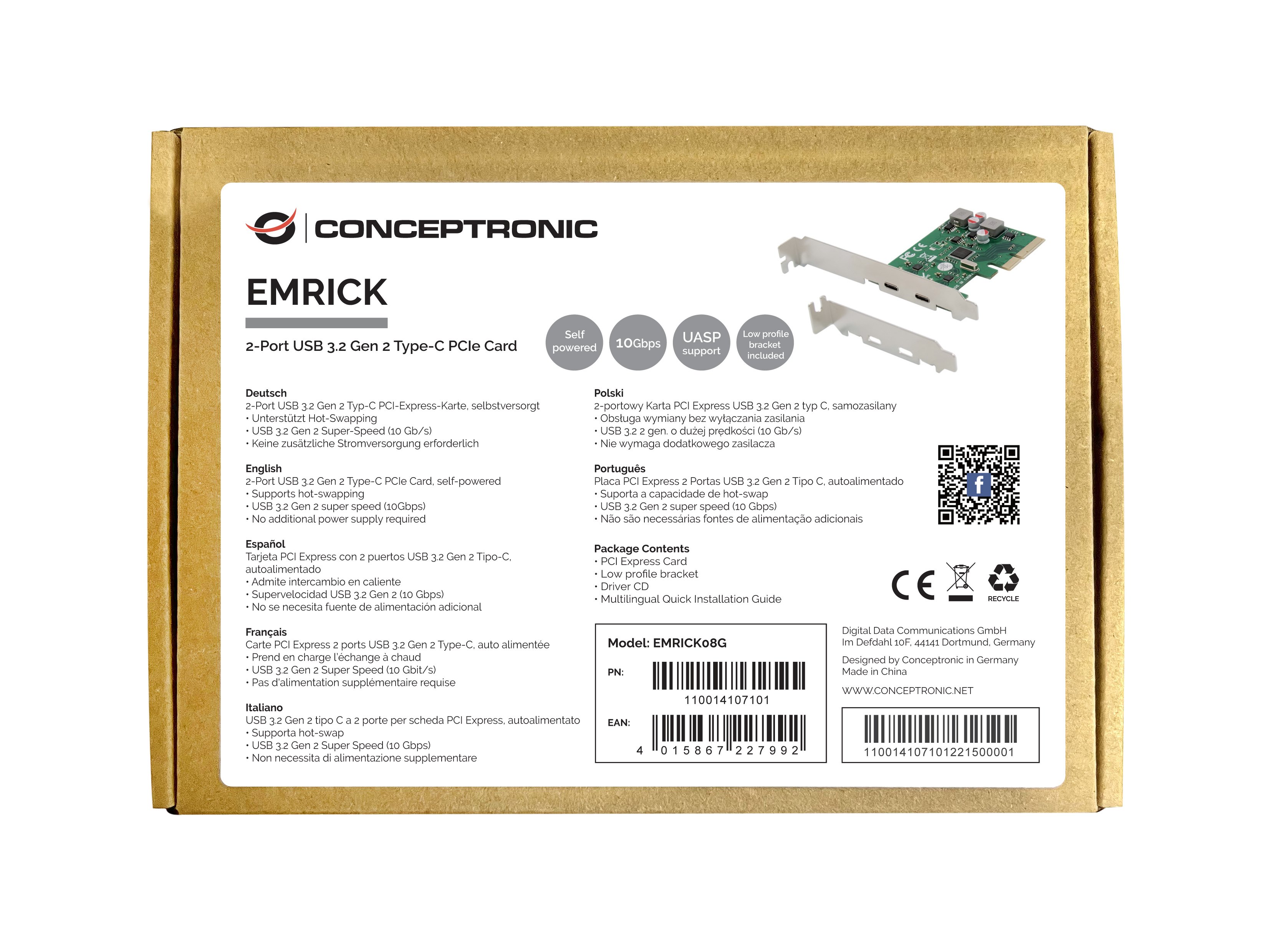 CONCEPTRONIC EMRICK08G — Controladora PCIe X4 con 2 puertos USB 3.2 Gen2 2
