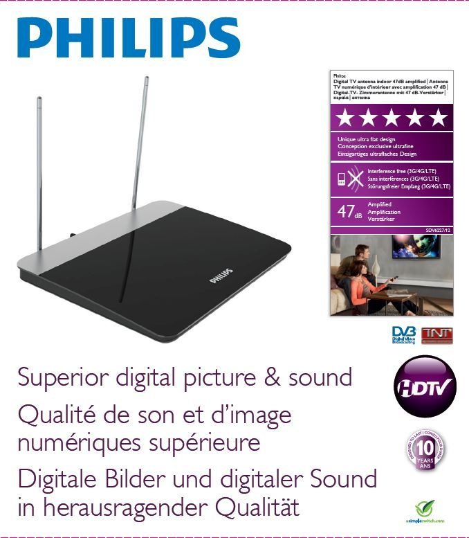 Antena TDT Interior Philips HDTV / UHF / VHF Ultraplana Filtro 4G 2