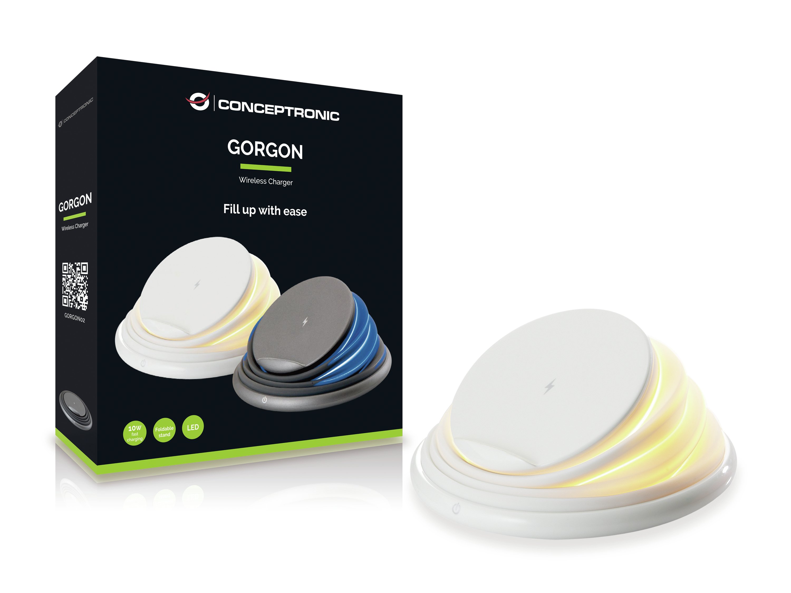 CONCEPTRONIC GORGON02W — Cargador inalámbrico Qi 10W con soporte plegable 2
