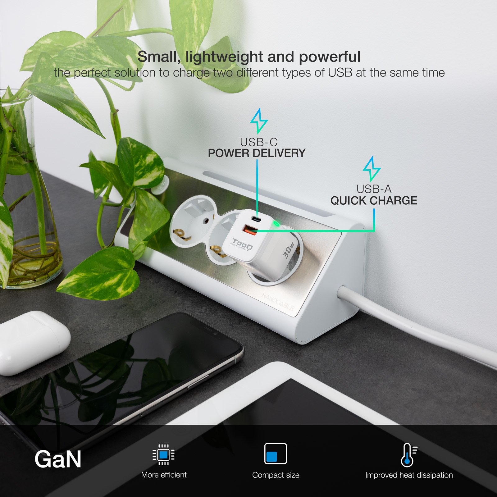 Cargador USB GAN TQWC-GANQCPD30WT USB-C PD + USB-A QC 30W Blanco — vista detalle 2