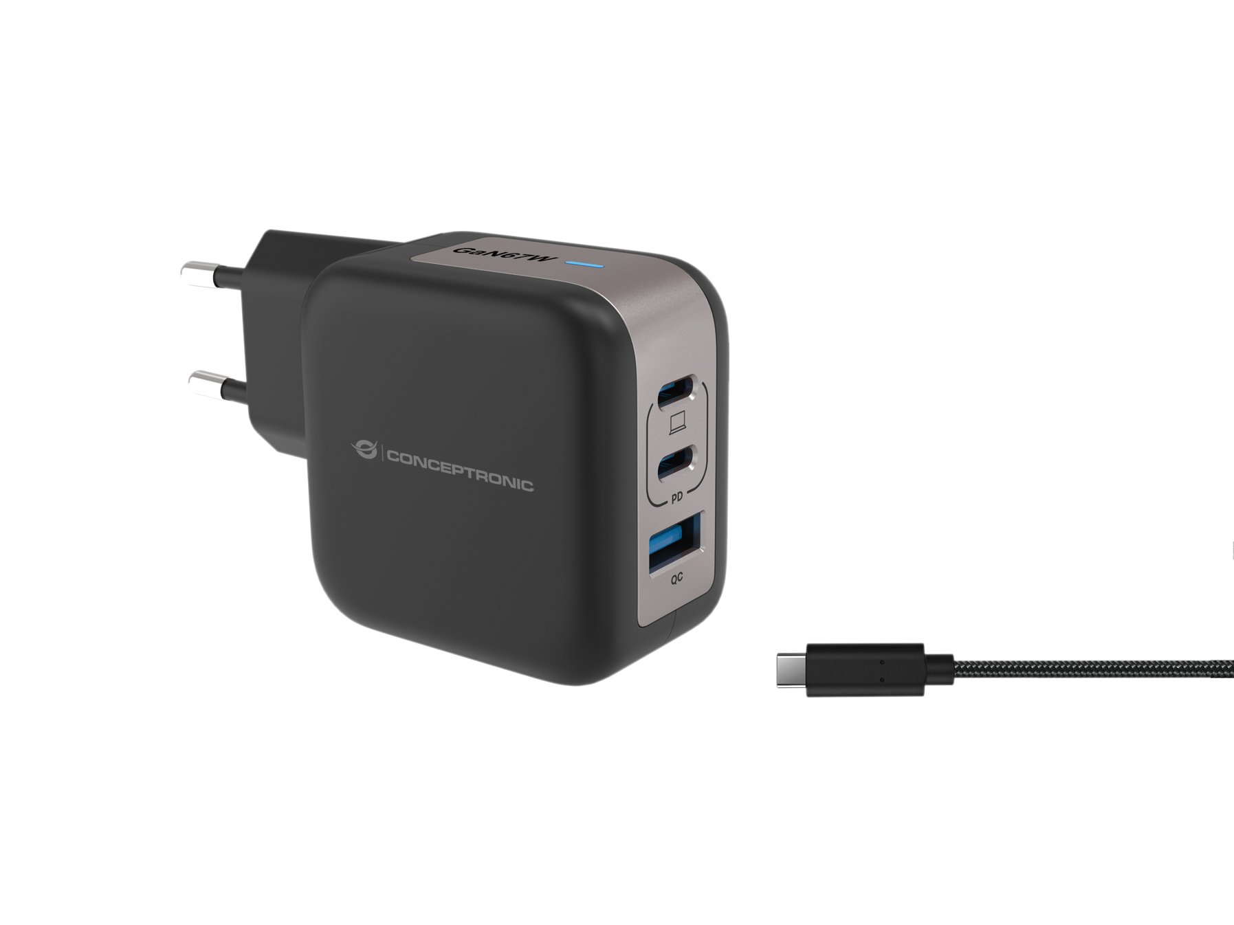 Conceptronic 67W — Cargador USB-C con 2 puertos USB-C y QuickCharge 3.0