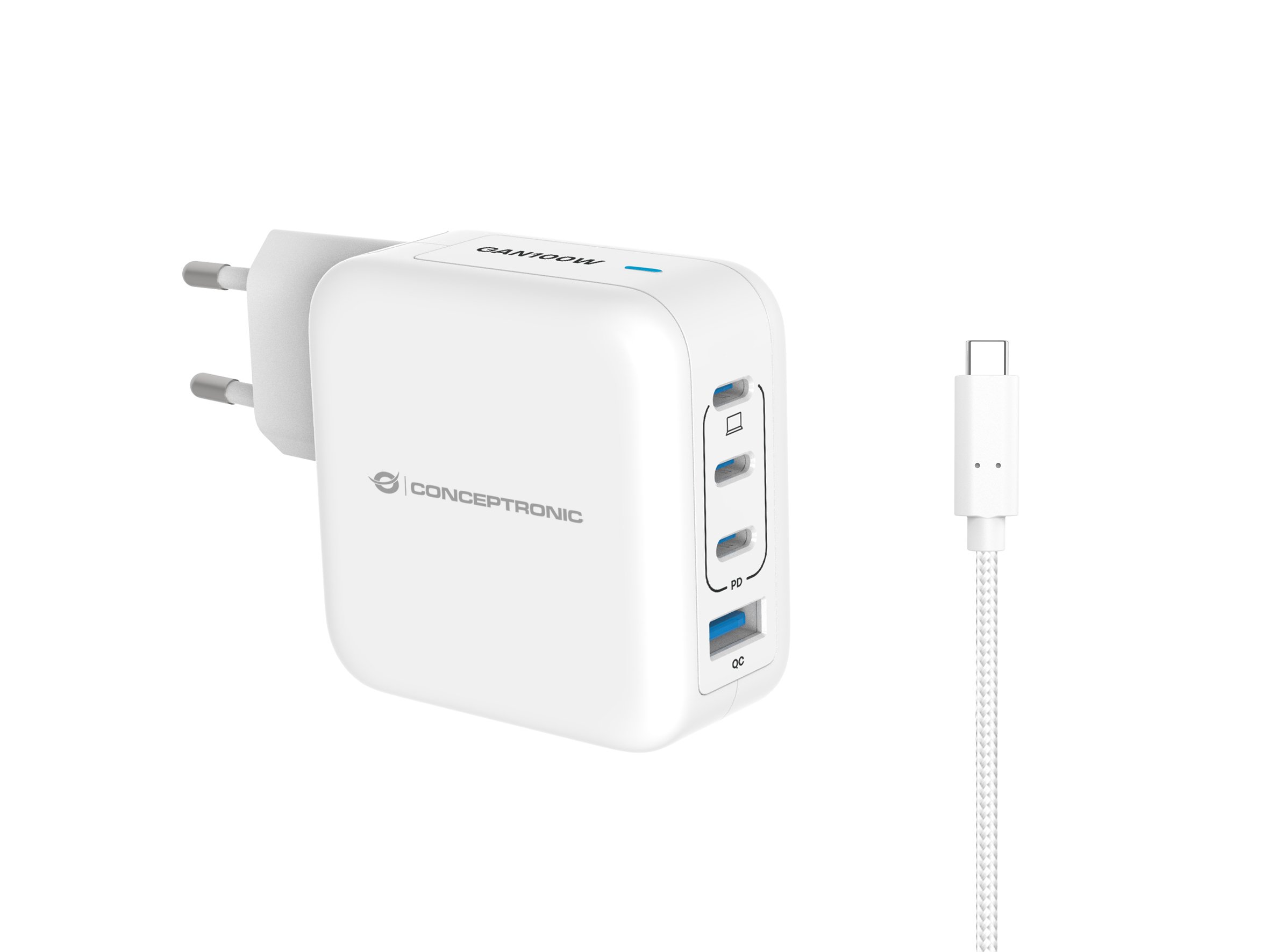 Conceptronic Cargador 100W — 3 USB-C + 1 USB-A con GaN