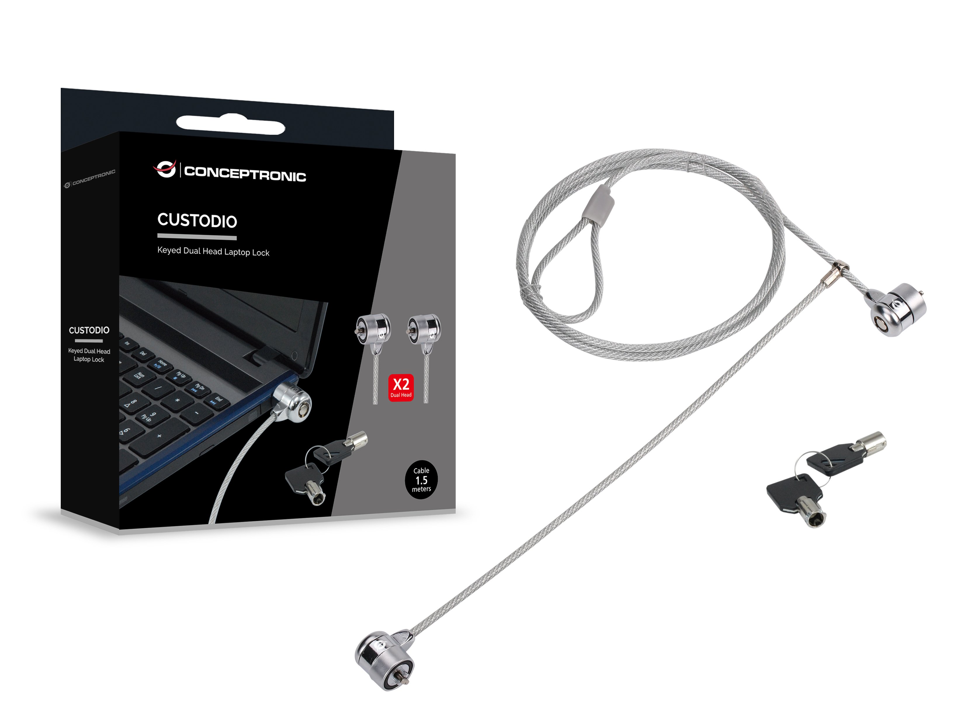 CONCEPTRONIC Cable Seguridad — Doble cabezal con llave, 1.5m 4