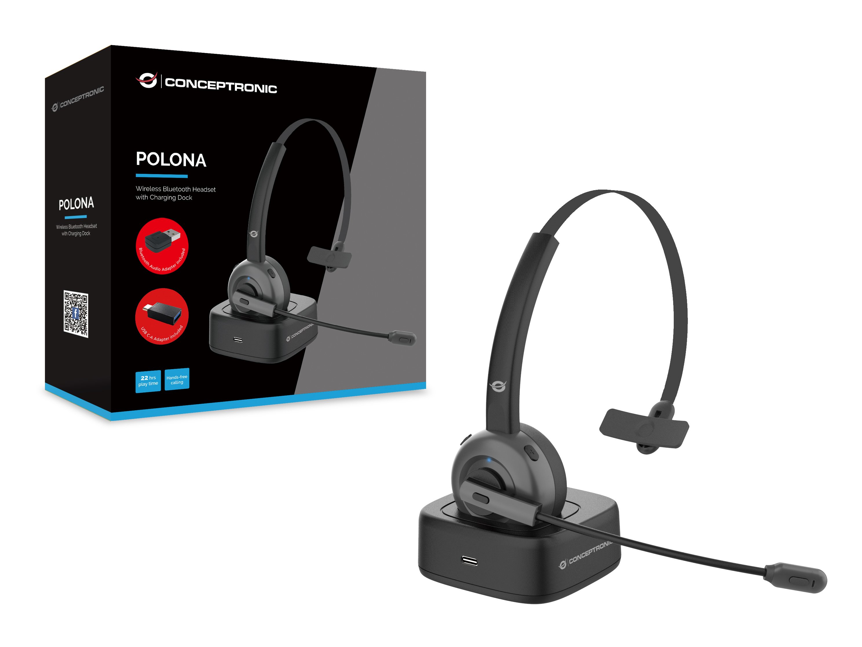 CONCEPTRONIC POLONA03BDA — Headset Bluetooth con base de carga — vista detalle 1