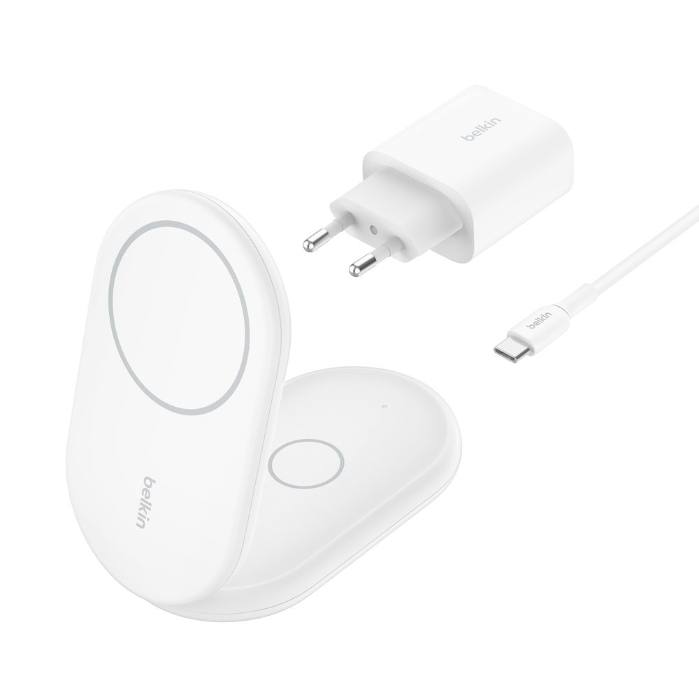 Belkin WIZ028VFWH — Cargador inalámbrico 2 en 1 Qi2 15W plegable