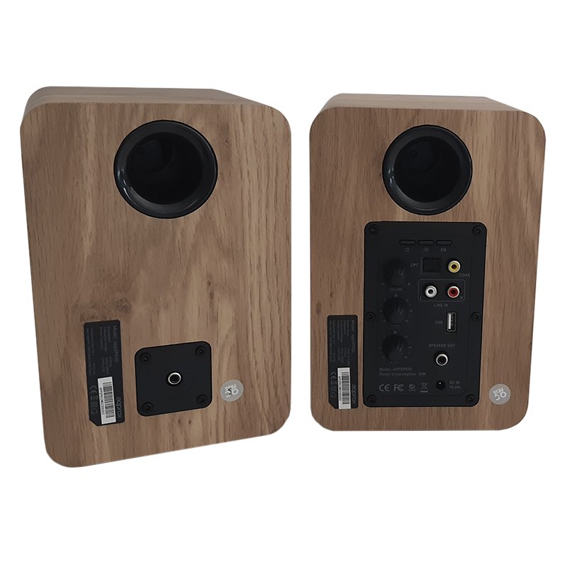 Altavoces 2.0 Bluetooth Autoamplificados APPSPK02WD 30W por Canal BT5.0 RCA Optical Coaxial USB Incluye Soporte Pared Color Madera — vista detalle 1