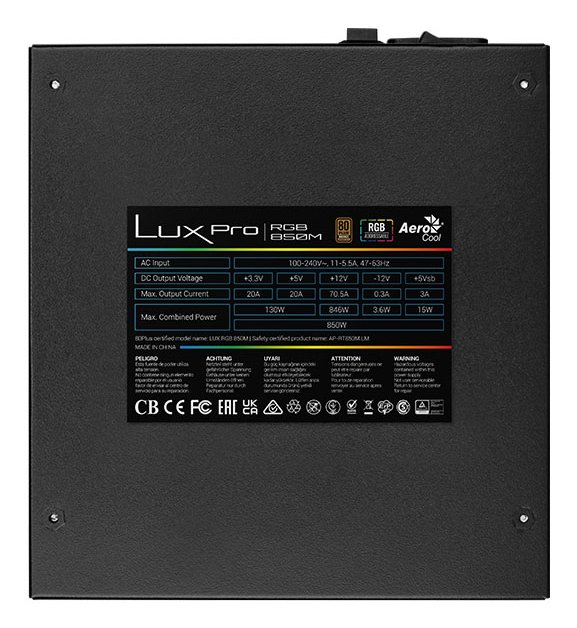AEROCOOL 850W LUX PRO — Fuente modular 80+ Bronze con RGB 6