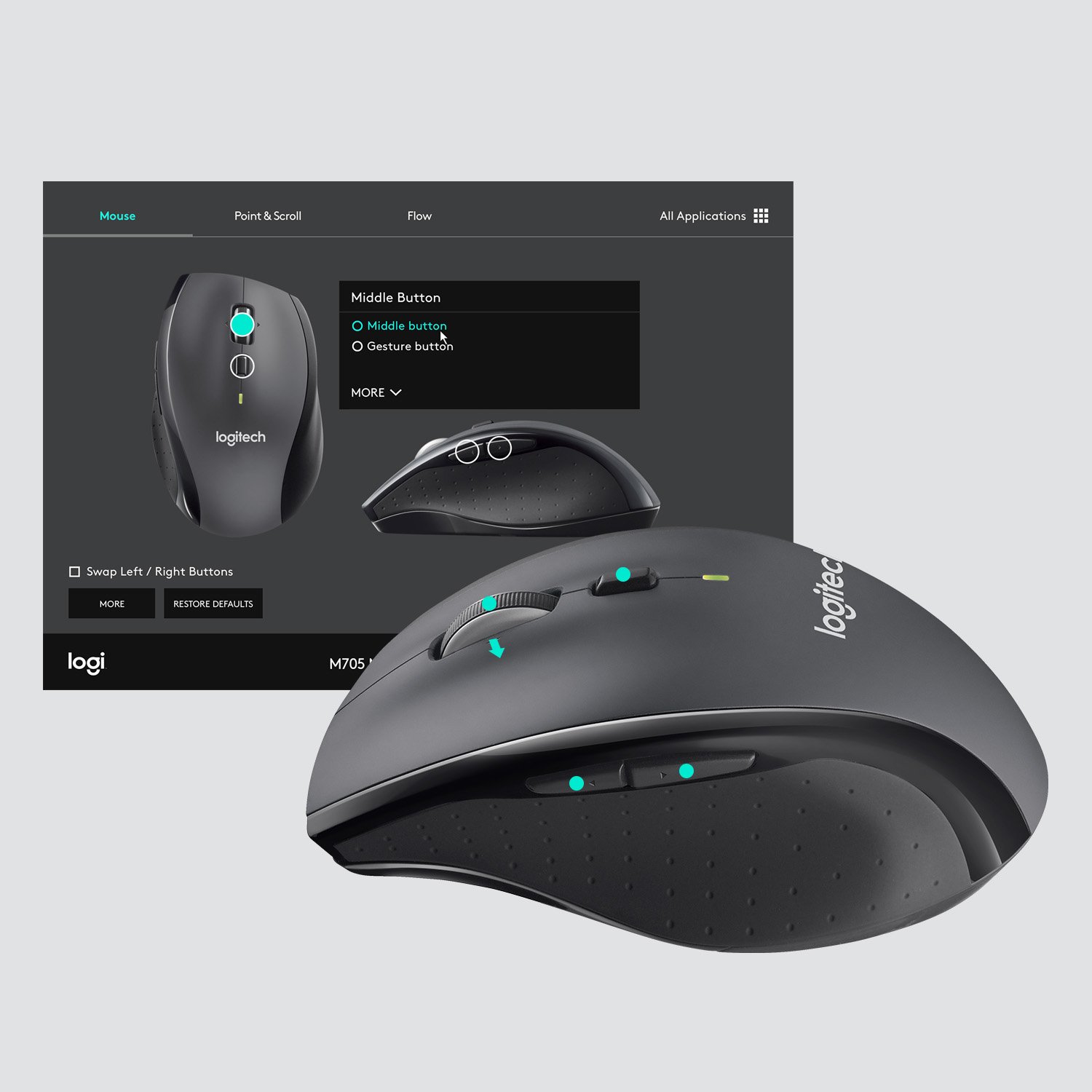 Mouse Wireless M705 Marathon Unifying 1000 DPI 5 Botones Ccolor Negro — vista detalle 2