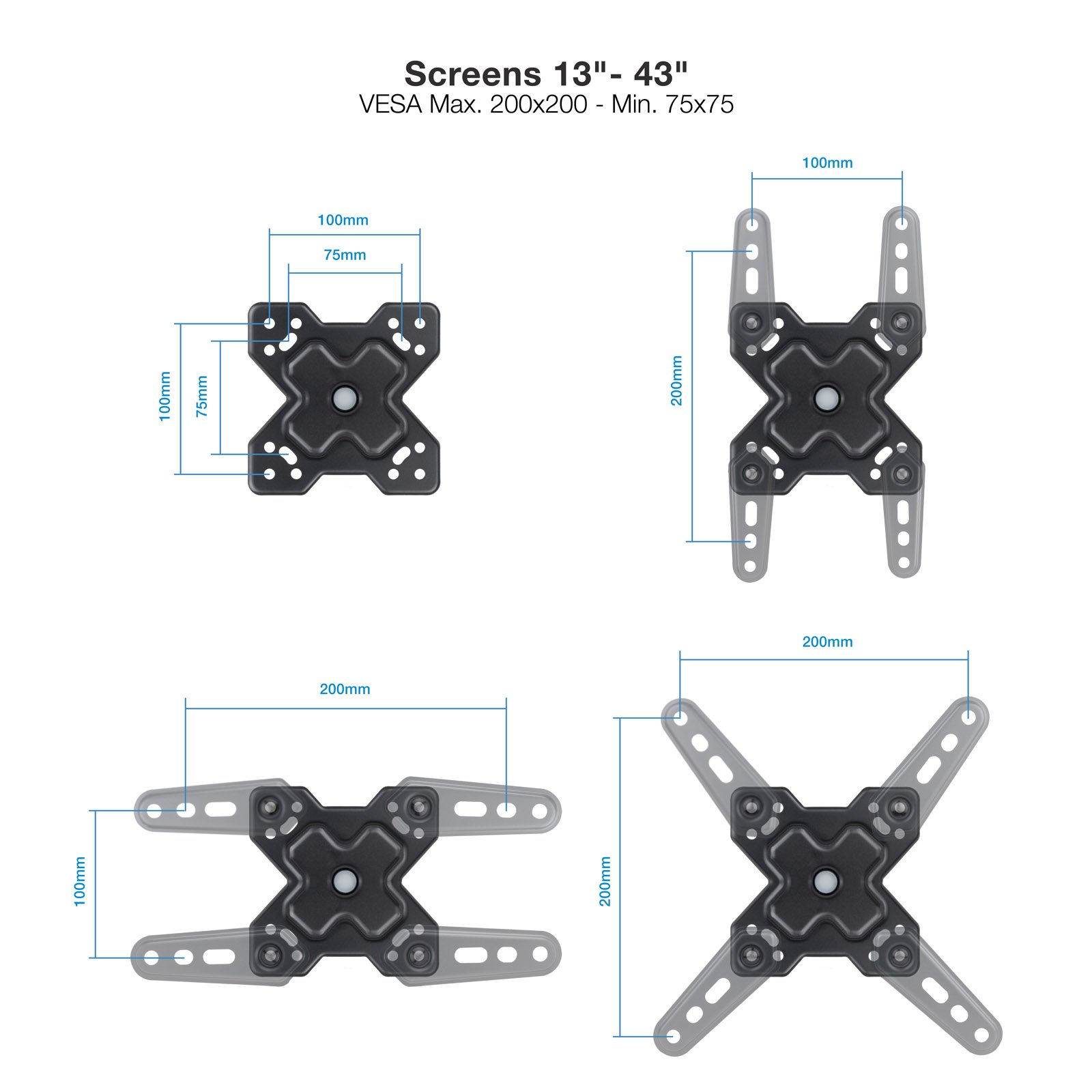 Soporte de Pared LP1344TN-B para Pantalla 13-43 MAX. 20KG VESA MAX. 200x200 2 Brazos Negro — vista detalle 1