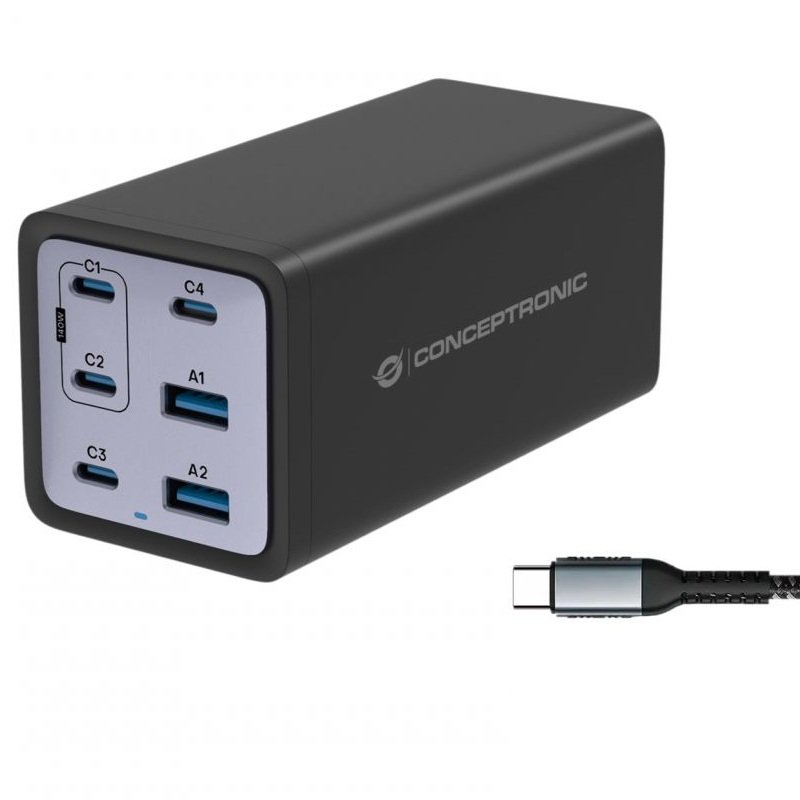 CONCEPTRONIC 200W — Cargador USB-C x4 con Quick Charge 3.0 y PD 3.1 2