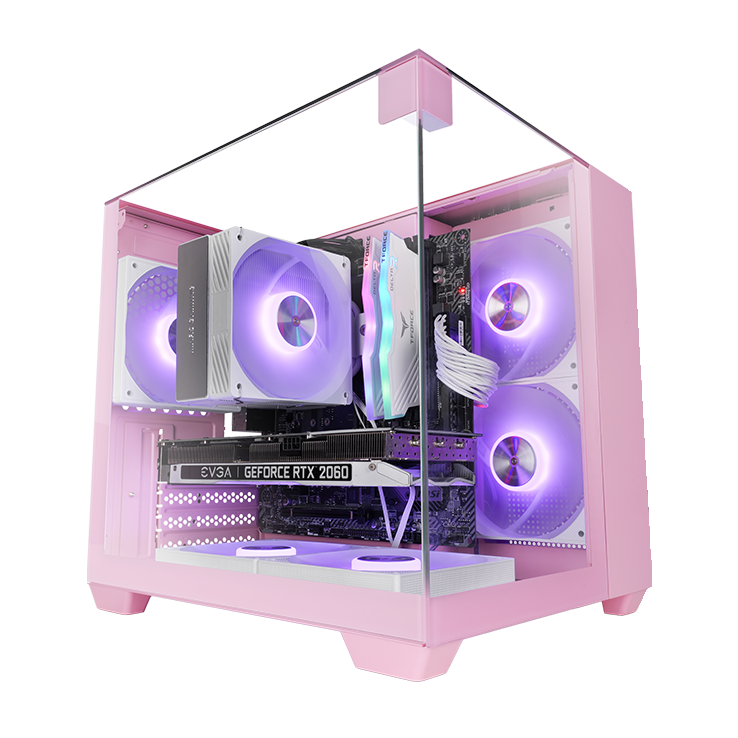 Caja Microatx Gaming Mcvisionmp Triple Cristal Templado GPU 330mm 1x3.5 1x2.5 Rosa — vista detalle 2