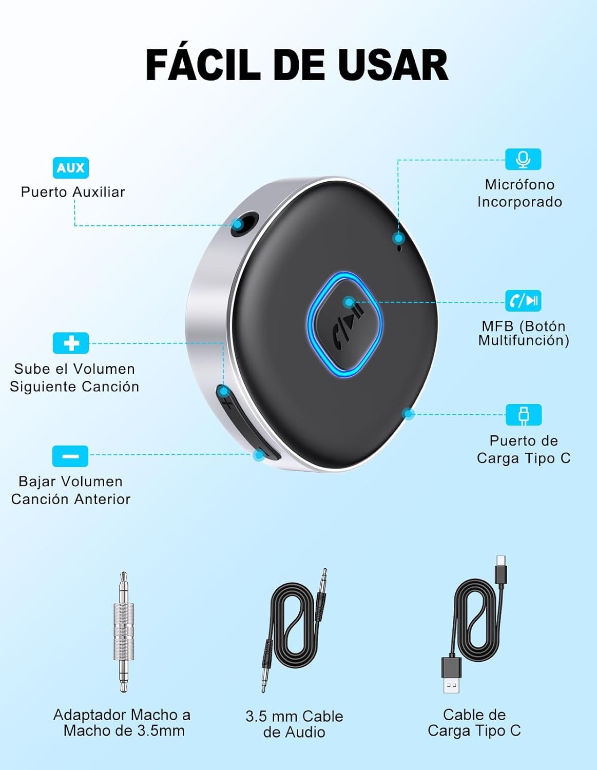 OEM MOHARD J33 — Receptor Bluetooth 5.3 con entrada audio 3.5mm 2