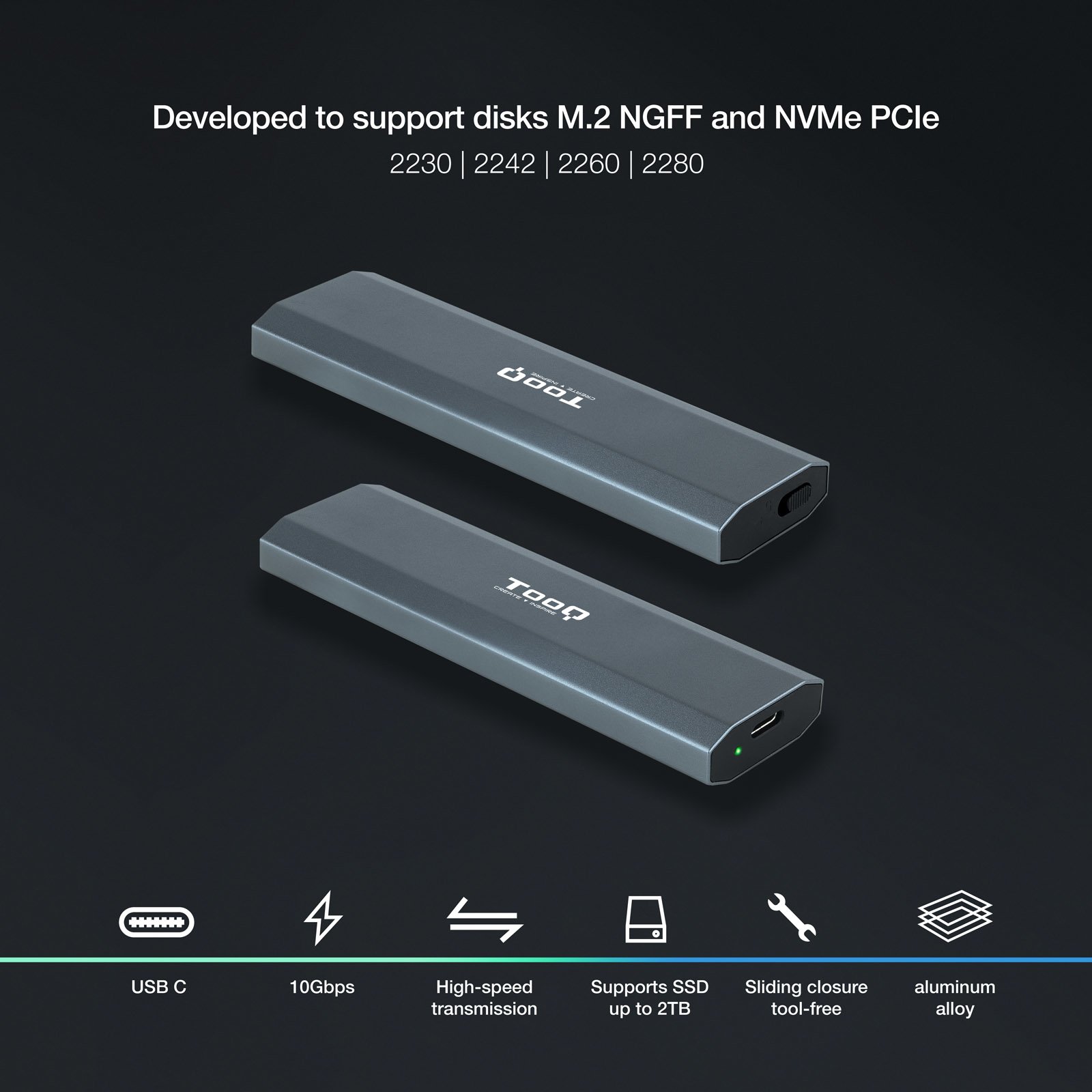 TOOQ TQE-2223G — Caja externa M.2 NVMe USB 3.1 Gen2 2