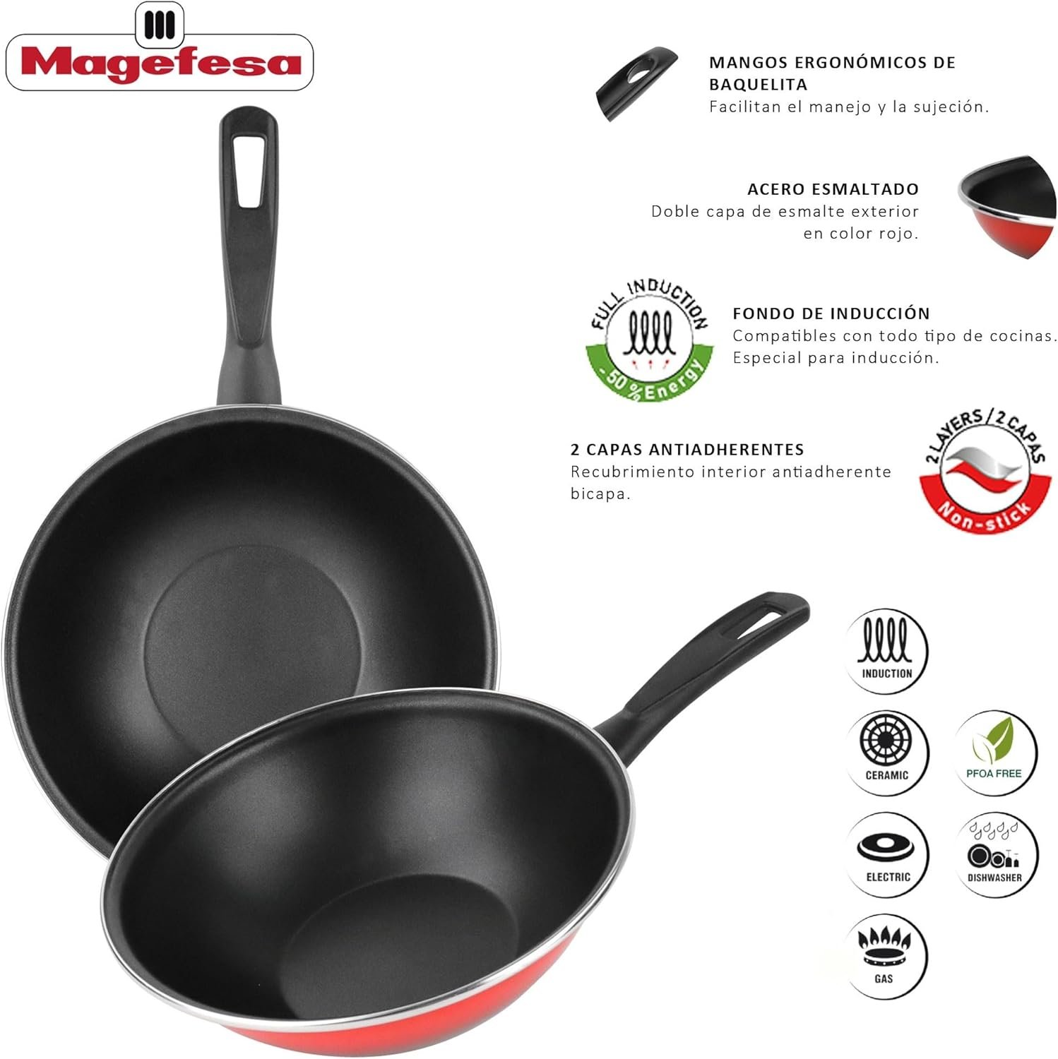 Sarten WOK K2 Rojo 28 Acero Antiadherente TODO TIPO Cocinas APTA Lavavajillas 2