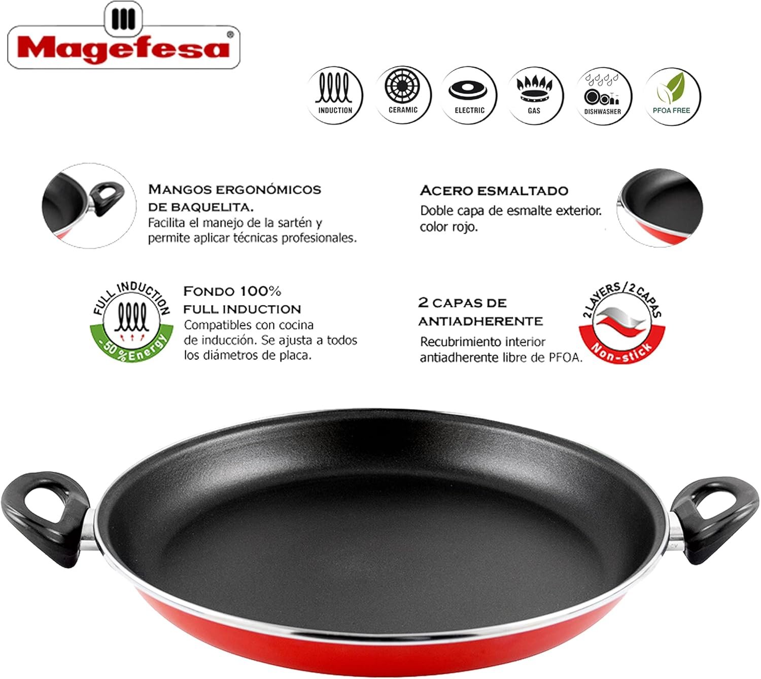 Paellera K2 Rojo 34 Acero Antiadherente Efecto Piedra TODO TIPO Cocinas APTA Lavavajillas 4