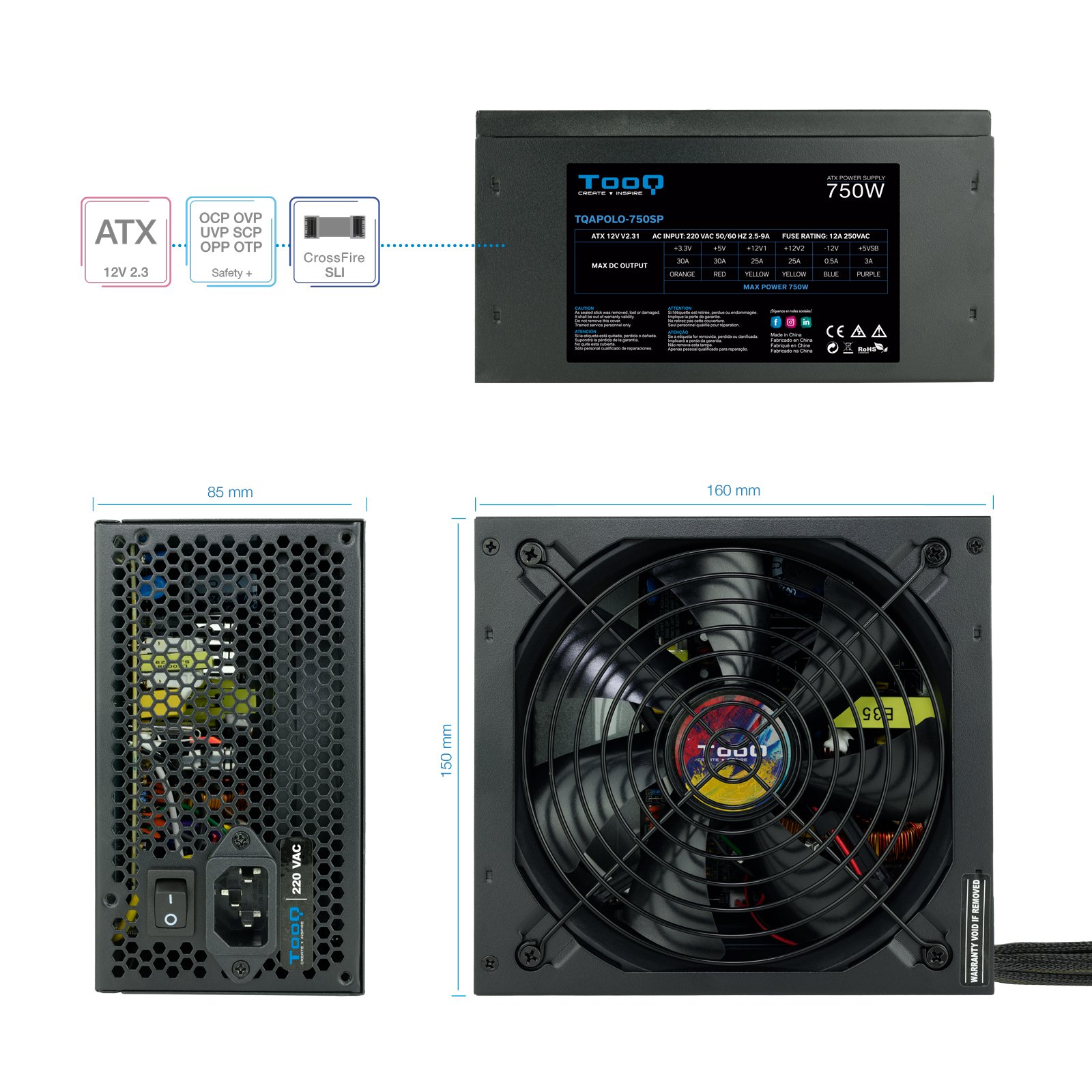 Fuente de Alimentacion 750W TQAPOLO-750SP FAN 12CM 5 SATA Molex PCIE (6+2 y 6) Interruptor Negra Destinada a Reparaciones — vista detalle 2