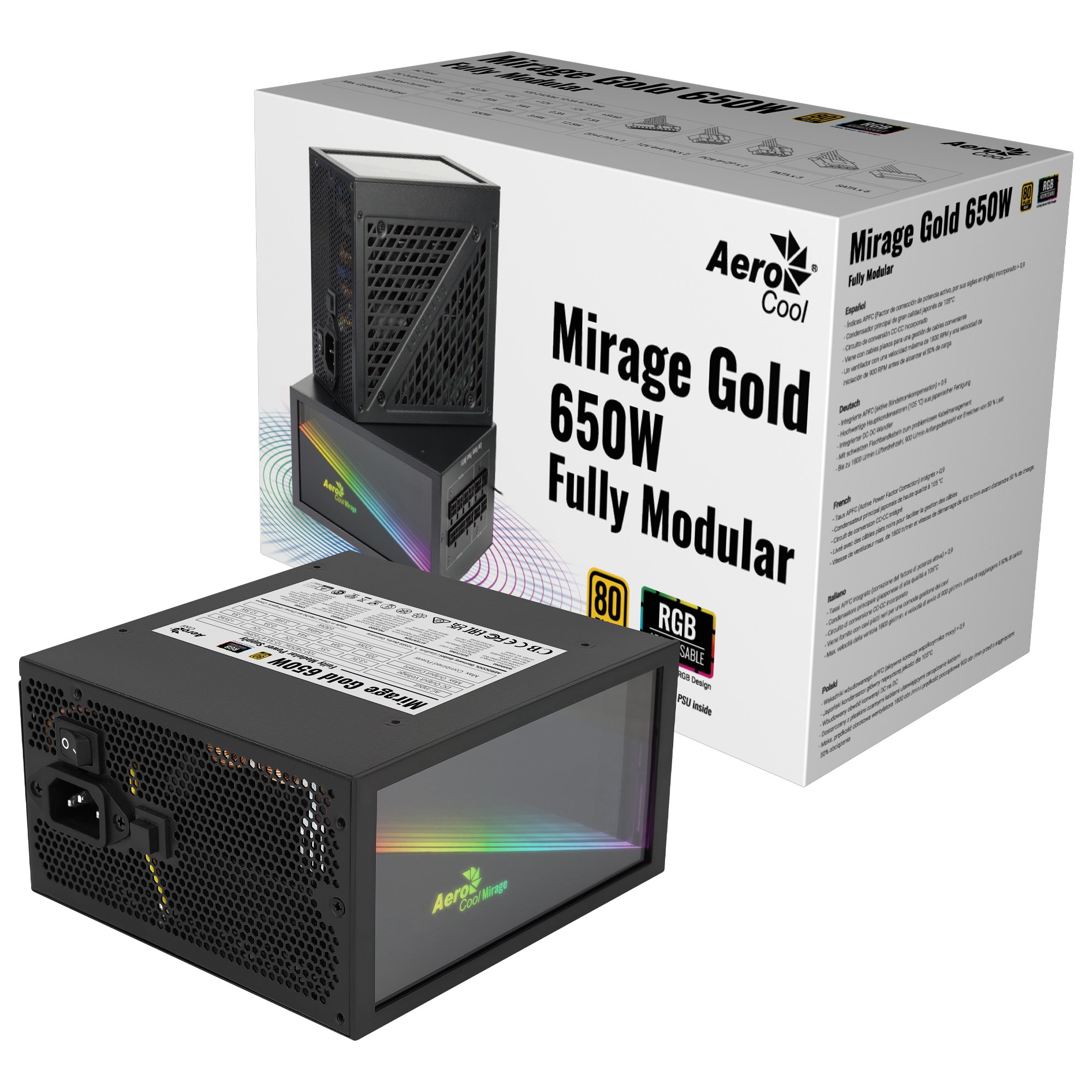 Fuente de Alimentacion Modular Mirage 650W CERT 80 PLUS GOLD PFC Activo VENT 12x12cm Ultra Silencioso Haswell RGB Infinite Mirror 6