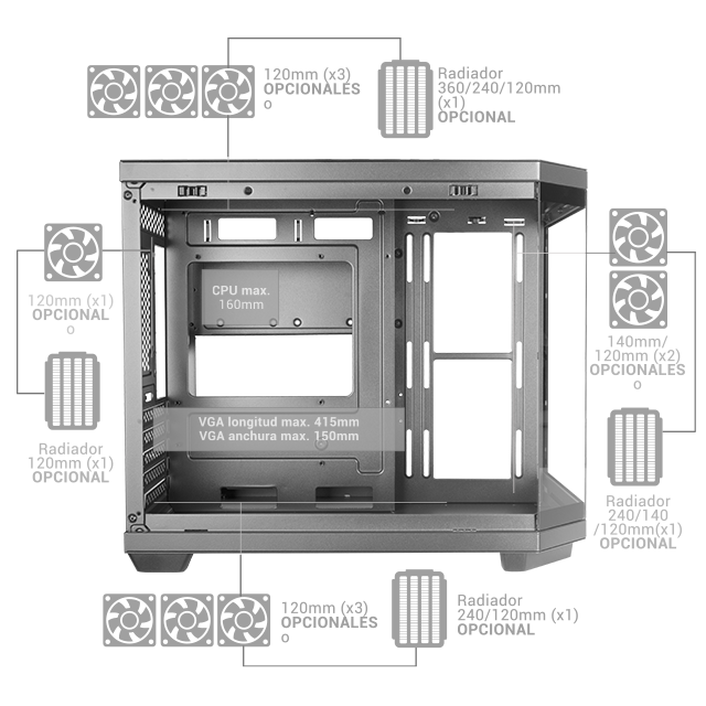 Caja Microatx Gaming MC3TCOREM Triple Cristal Templado GPU 415mm 2x3.5 3x2.5 Negro — vista detalle 2