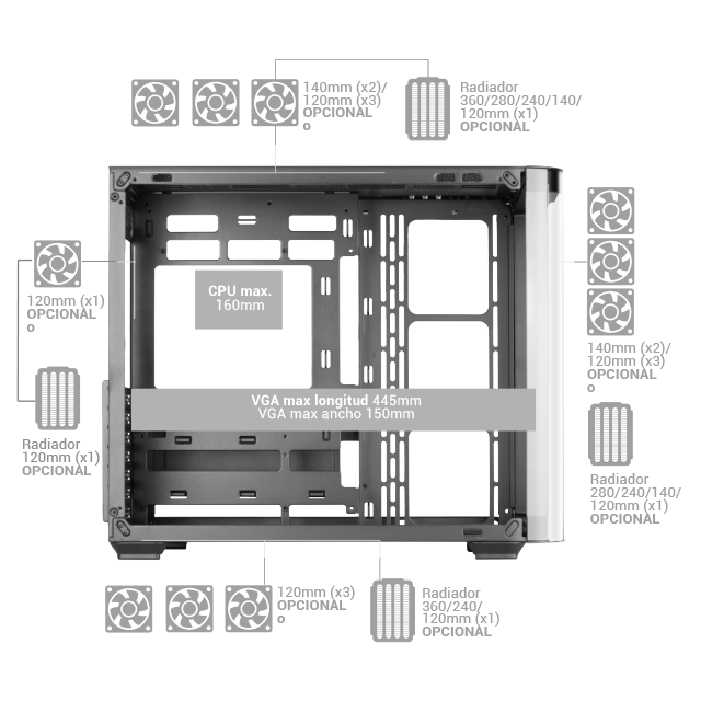 Caja ATX Semitorre Gaming Mcfusion Cristal Curvado GPU 445mm 2x3.5 3x2.5 Blanco — vista detalle 2