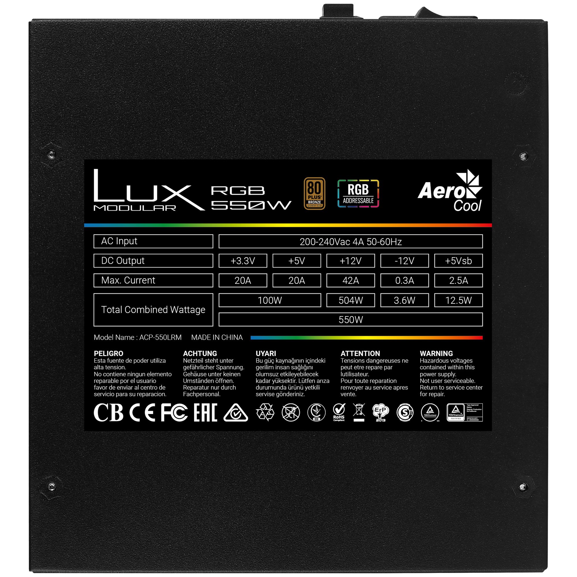 Fuente de Alimentacion Modular LUX RGB 550W Certificado 80 PLUS Bronze PFC Activo VEN. 12x12cm Iluminacion RGB-A (ADRESSABLE) Haswell 3