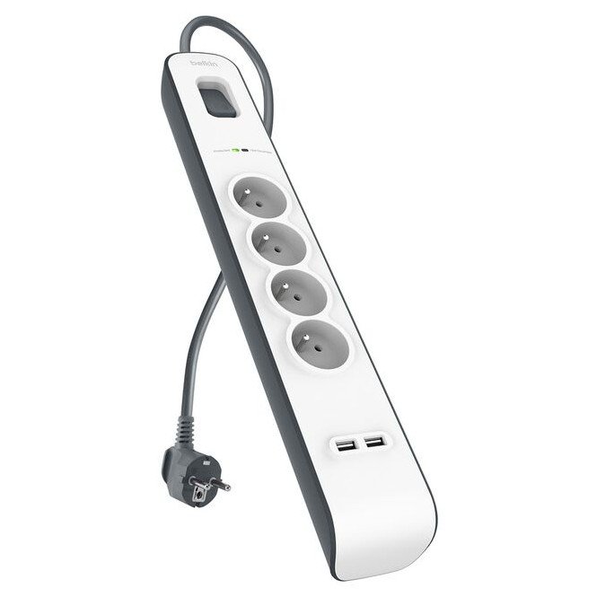 Belkin BSV401VF2 — Regleta 4 tomas + 2 USB con protección sobretensión