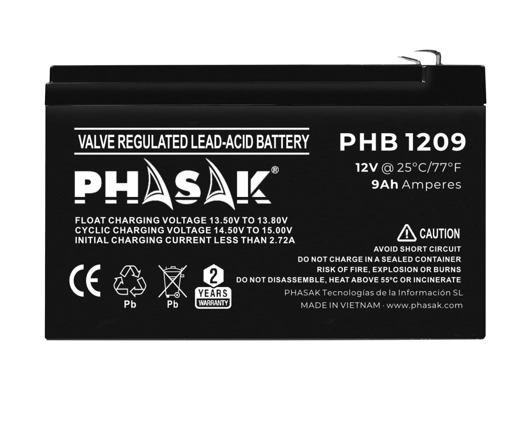 Bateria Phasak PHB1209 para SAI 12V 9Ah — vista detalle 2