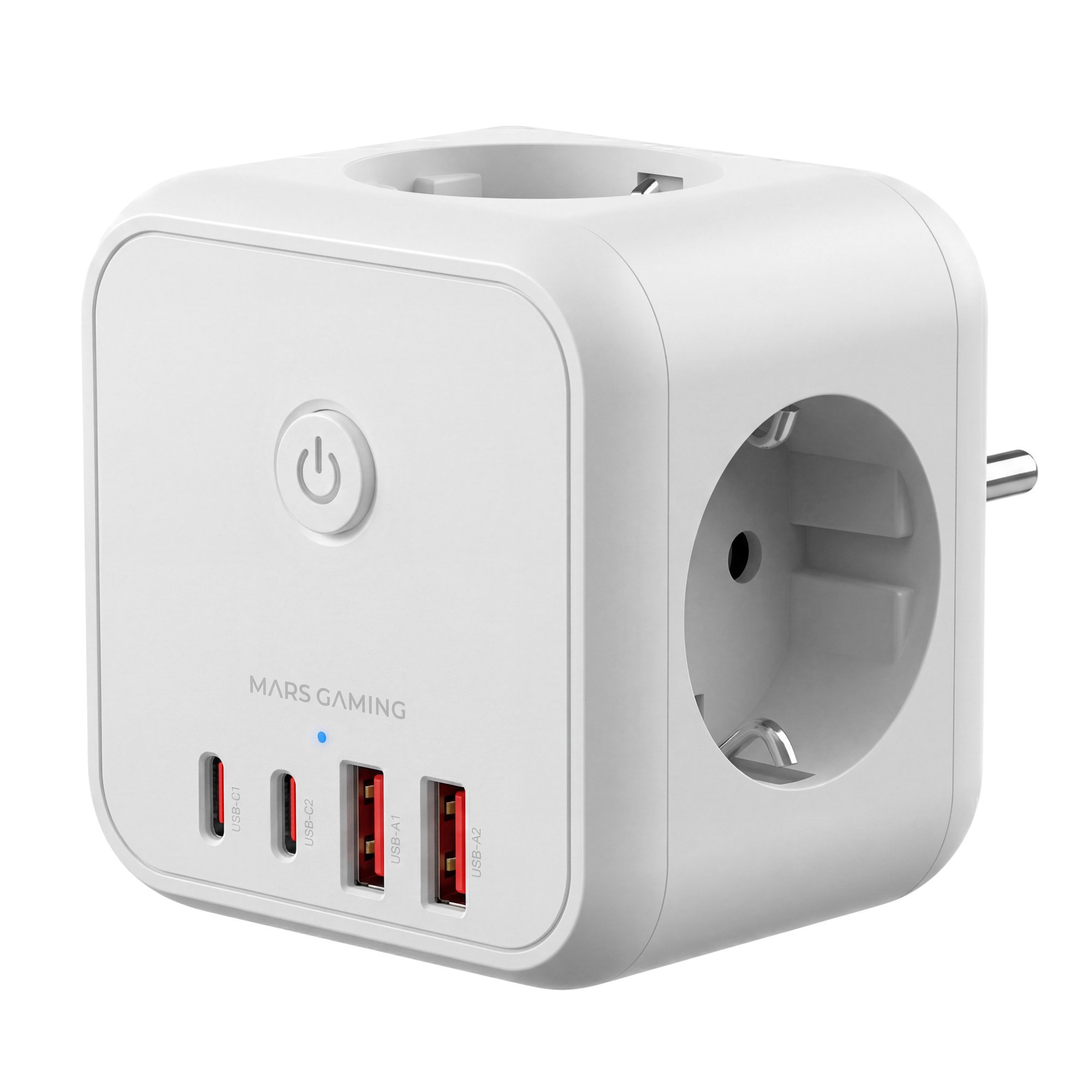 Mars Gaming MD-Cube20W — Regleta 4 USB + 3 tomas, blanco